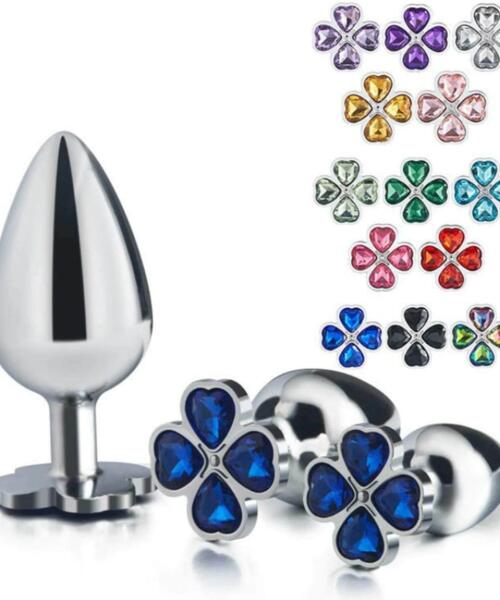 Stainless Steel Four Leaf Cover Design Butt Plug With Jewel Anal Plug