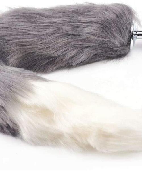 Metal Anal Butt Plug Furry Grey Cat Tail