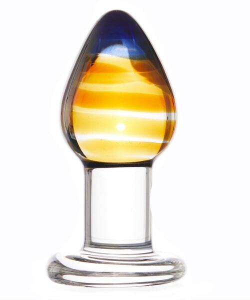 Quality Crystal Glass Butt Plug - Sunset Yellow and Blue Swirls